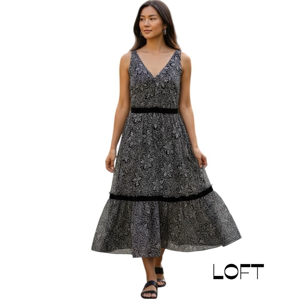LOFT Sheer Black White Floral Midi Dress Size 6 Bohemian Festival